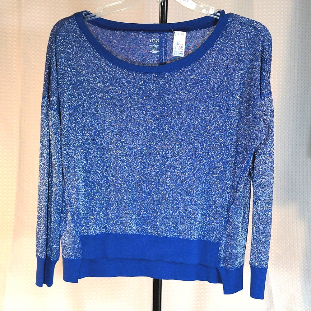 ana long sleeve speckled silver blue sweater blouse top S
